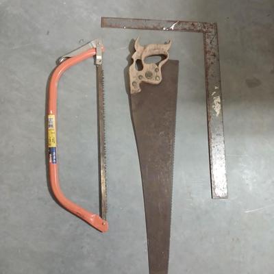 Lot of 3 Vintage Hand Tools – 21" Bow Saw, Hand Saw, Carpenter’s Square