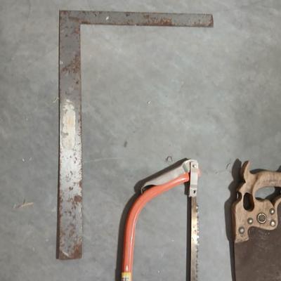 Lot of 3 Vintage Hand Tools – 21" Bow Saw, Hand Saw, Carpenter’s Square