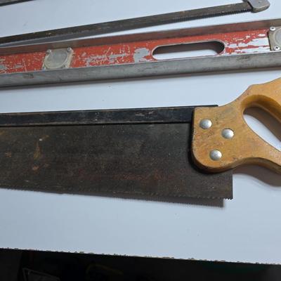 Lot of 3 Vintage Hand Tools – Hacksaw Handsaw and Level
