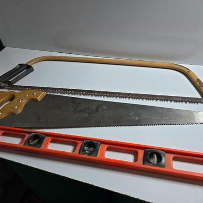 Lot of 3 Hand Tools – Bow Saw Hand Saw and Level