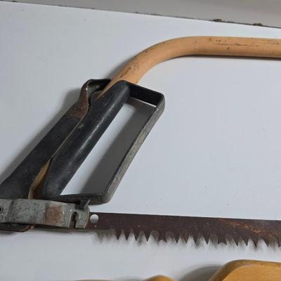 Lot of 3 Hand Tools – Bow Saw Hand Saw and Level