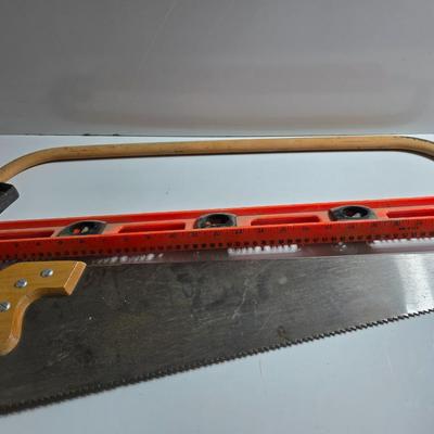 Lot of 3 Hand Tools – Bow Saw Hand Saw and Level