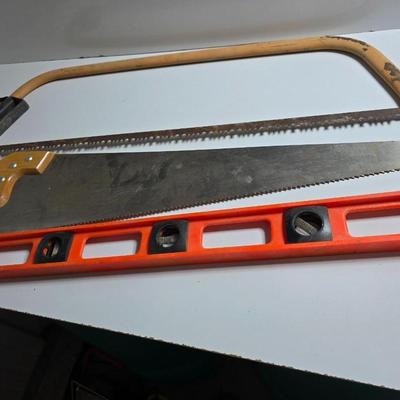 Lot of 3 Hand Tools – Bow Saw Hand Saw and Level