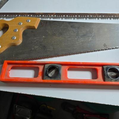Lot of 3 Hand Tools – Bow Saw Hand Saw and Level