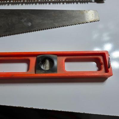 Lot of 3 Hand Tools – Bow Saw Hand Saw and Level