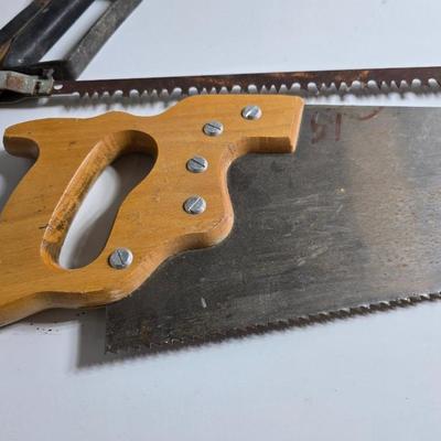 Lot of 3 Hand Tools – Bow Saw Hand Saw and Level