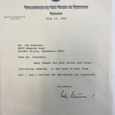 Illinois Treasurer Adlai Stevenson III signed typed letter