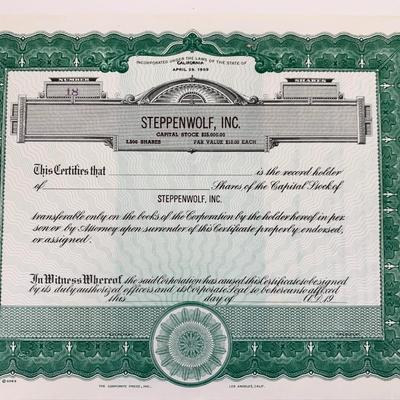 Steppenwolf, Inc. Capital Stock Certificate