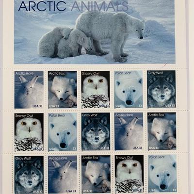Arctic Animals: Arctic Hare, Arctic Fox, Snowy Owl, Polar Bear, and Gray Wolf, Full Sheet of 15 x 33-Cent Postage Stamps, USA 1999, Scott...