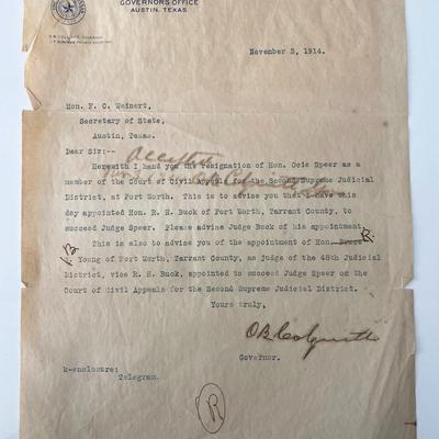 Governor of Texas Oscar Branch Colquitt 1914 signed letter