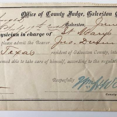 1877 Galveston County Signed Hospital Permit