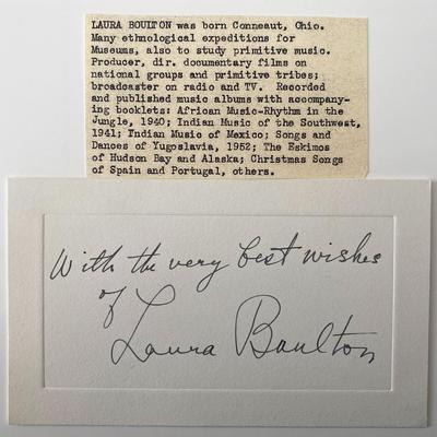 Ethnomusicologist Laura Boulton signed note and bio