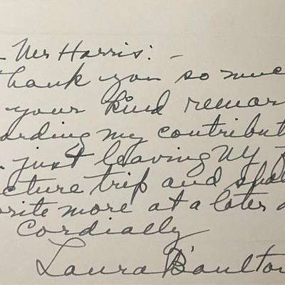Ethnomusicologist Laura Boulton signed note and bio