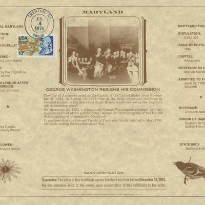 American Revolution Bicentennial Commemorative One Dollar Certificate/First Day Cover, Maryland