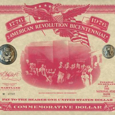 American Revolution Bicentennial Commemorative One Dollar Certificate/First Day Cover, Maryland