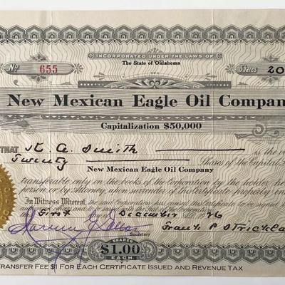 1926 New Mexican Eagle Oil Company Signed Stock Share Certificate