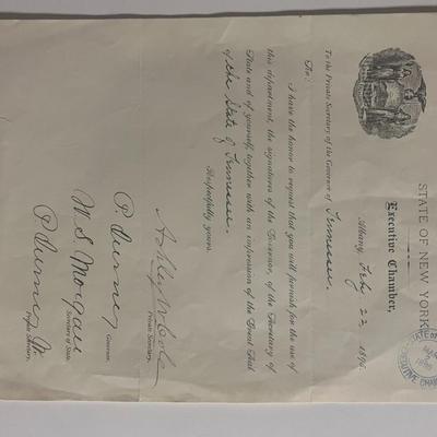 NY State Executive Chamber 1895 signed Letter to Tennessee Governor