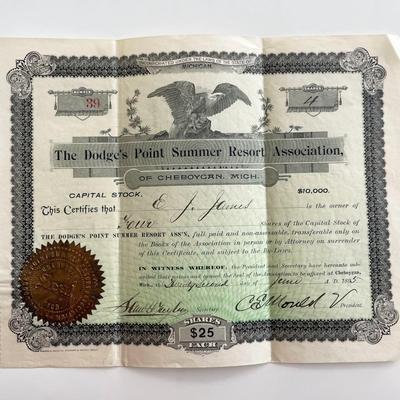 1895 Dodge's Point Summer Resort Association Signed Capital Stock Certificate