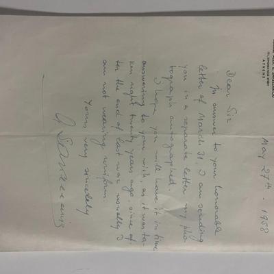 Greek Navy Admiral Alex E. Sakellariou signed 1958 letter