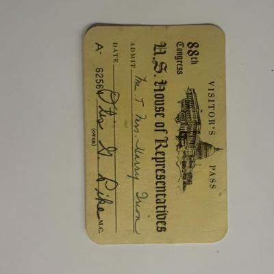 U.S. House of Representatives Otis G. Pike signed Visitor's Pass
