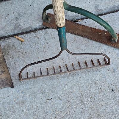 Farm & Garden Tool Lot – Rake, Shovel, Sickle & Hand Saw