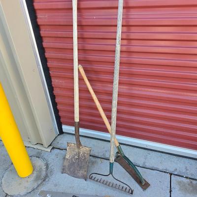 Farm & Garden Tool Lot – Rake, Shovel, Sickle & Hand Saw