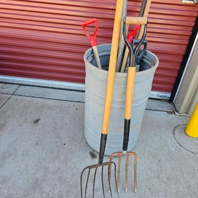 Large Barrel of Mixed Farm Tools and handles