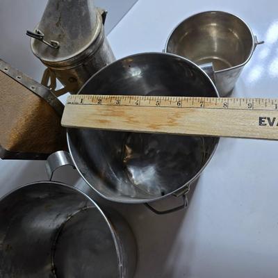 Vintage Stainless Steel Dairy Pails & Bee Smoker Box