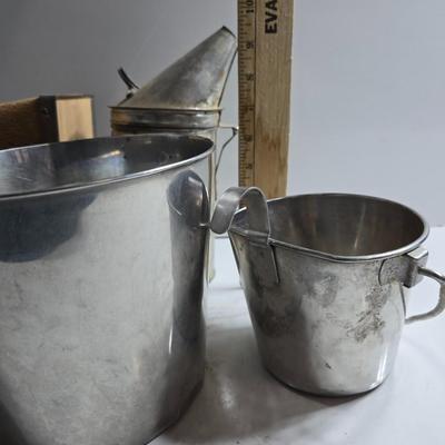 Vintage Stainless Steel Dairy Pails & Bee Smoker Box