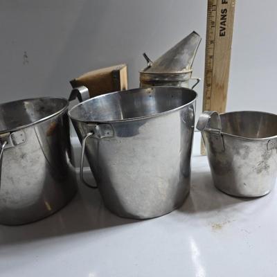 Vintage Stainless Steel Dairy Pails & Bee Smoker Box