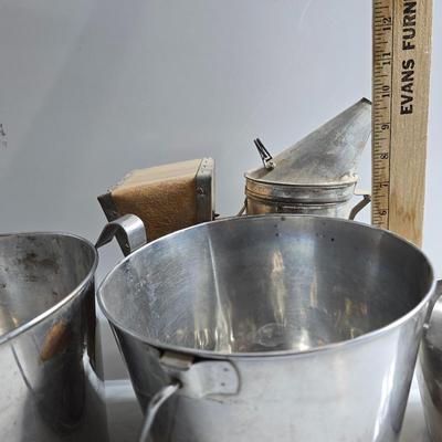 Vintage Stainless Steel Dairy Pails & Bee Smoker Box