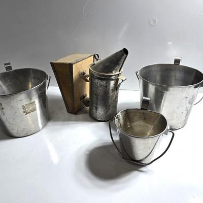 Vintage Stainless Steel Dairy Pails & Bee Smoker Box