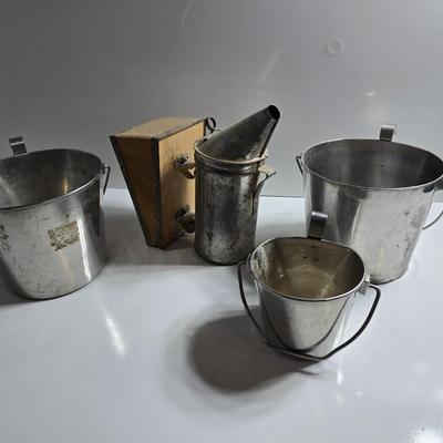 Vintage Stainless Steel Dairy Pails & Bee Smoker Box