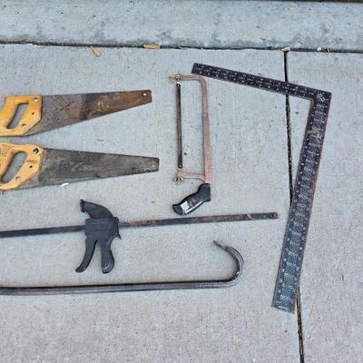 Mixed Hand Tool Lot – Saws, Pry Bar, Square & More