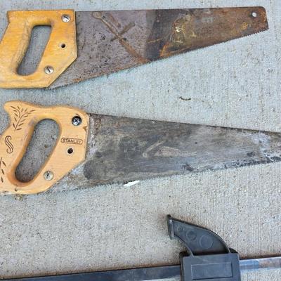 Mixed Hand Tool Lot – Saws, Pry Bar, Square & More