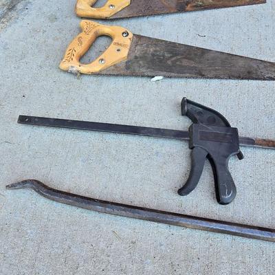 Mixed Hand Tool Lot – Saws, Pry Bar, Square & More