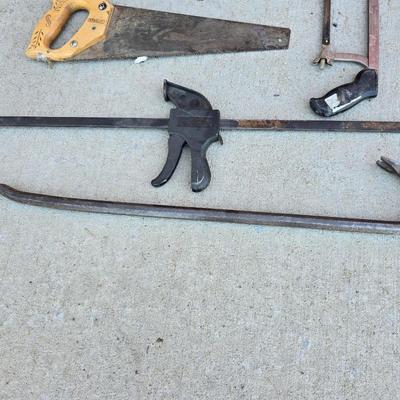 Mixed Hand Tool Lot – Saws, Pry Bar, Square & More