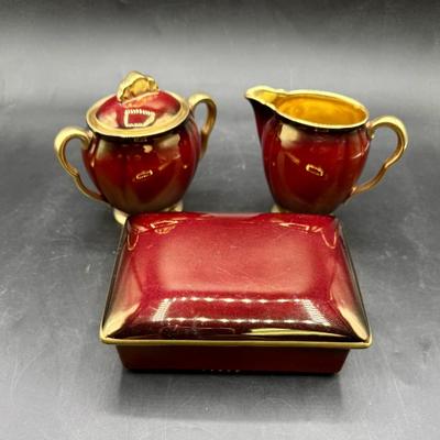 Rare 1920s Antique Rouge Royale Art Deco CarltonWare Lidded Tea Box, Lidded Sugar Bowl and Creamer
