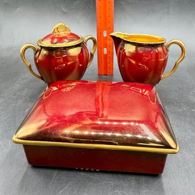 Rare 1920s Antique Rouge Royale Art Deco CarltonWare Lidded Tea Box, Lidded Sugar Bowl and Creamer