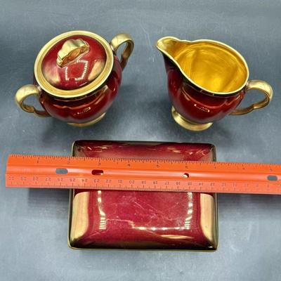 Rare 1920s Antique Rouge Royale Art Deco CarltonWare Lidded Tea Box, Lidded Sugar Bowl and Creamer