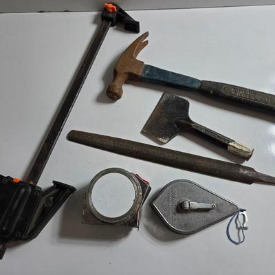 Mixed Hand Tool Lot – Hammer, Clamp, Chalk Line & More