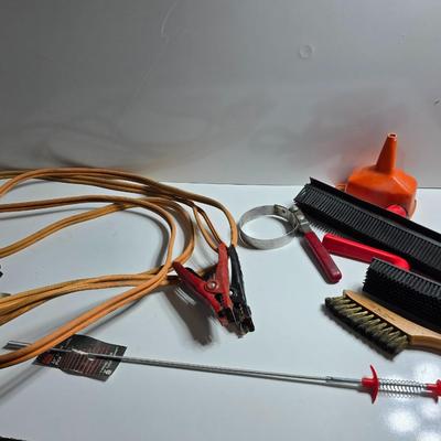 Garage Utility Hand Tool Lot – Jumper Cables, Funnels, Brushes & More