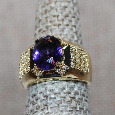 Size 6 Marked .925 Deep PURPLE Oval Stone 4 Prong Ring with 8 Rows of Vertical Side Accents on a Silver Gold Band 6.2g)