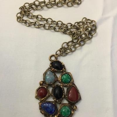 Beautiful vintage bronze toned multicolor stone teardrop pendant
