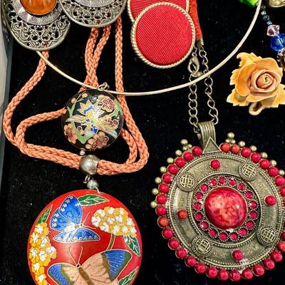 Jewelry Lot - Red Cloisonné and Jaguar