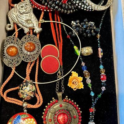 Jewelry Lot - Red Cloisonné and Jaguar