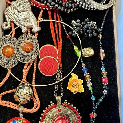 Jewelry Lot - Red Cloisonné and Jaguar