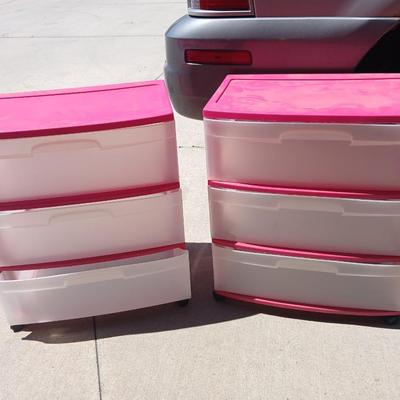 Pair of 3- Drawered Plastic Storage Units – Pink & White