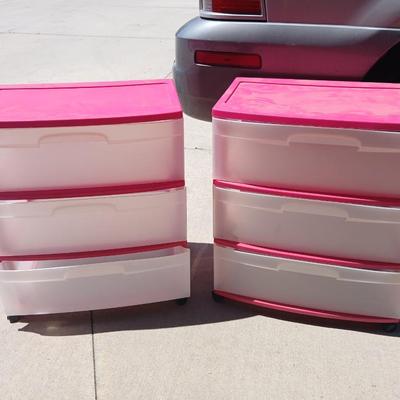 Pair of 3- Drawered Plastic Storage Units – Pink & White