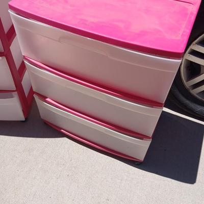 Pair of 3- Drawered Plastic Storage Units – Pink & White